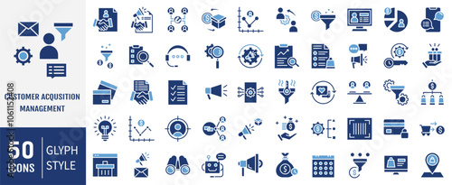 Customer acquisition management icon collection. Containing conversion, pipeline, lead generation, retention, sales funnel icon. Simple flat vector.