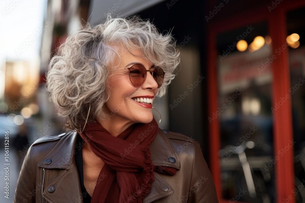 smiling senior woman in sunglasses and scarf walking on street in city smiling senior woman in sunglasses and scarf walking on street in city