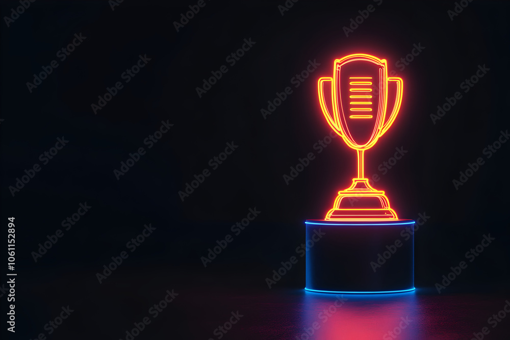 An electrifying neon wireframe of a podium featuring neon outlines of a trophy and microphone set against a black background. An electrifying neon wireframe of a podium featuring neon outlines of a trophy and microphone set against a black background.