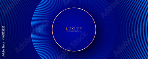 3D blue luxury abstract background overlap layer on dark space with golden circles lines decoration. Modern graphic design element cutout style concept for web banner, flyer, card, or brochure cover
