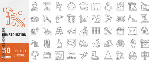 Construction icon set. Containing building, construction, design, engineering, equipment, industry, development . Editable stroke. Vector illustration