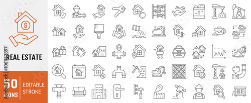 Real Estate icon collection set. Containing to real estate, transactions, types of real estate, amenities, and other. Simple line vector illustration.