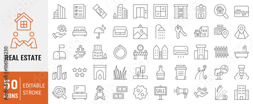 Real Estate icon collection set. Containing to real estate, transactions, types of real estate, amenities, interiors and other. Simple line vector illustration.