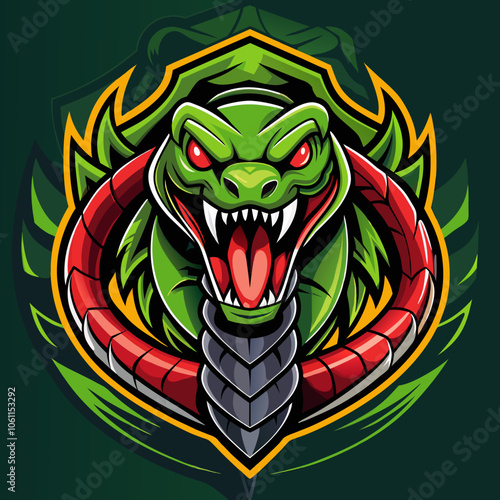 Dynamic snake esports logo featuring a fierce green snake with red accents and sharp teeth, set against a bold, vibrant background
