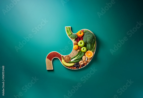 A wooden stomach shape filled with various fruits and vegetables representing healthy food choices.