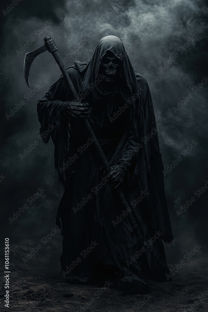 Fototapeta premium Grim reaper with scythe. Halloween theme poster.