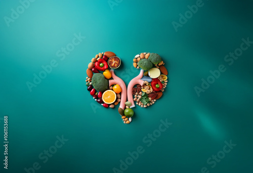 A kidney shaped arrangement of various fruits, vegetables, and nuts against a teal background. photo