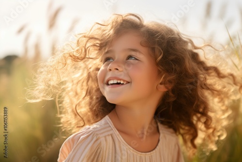 Portrait of a beautiful little girl with curly hair in wheat field