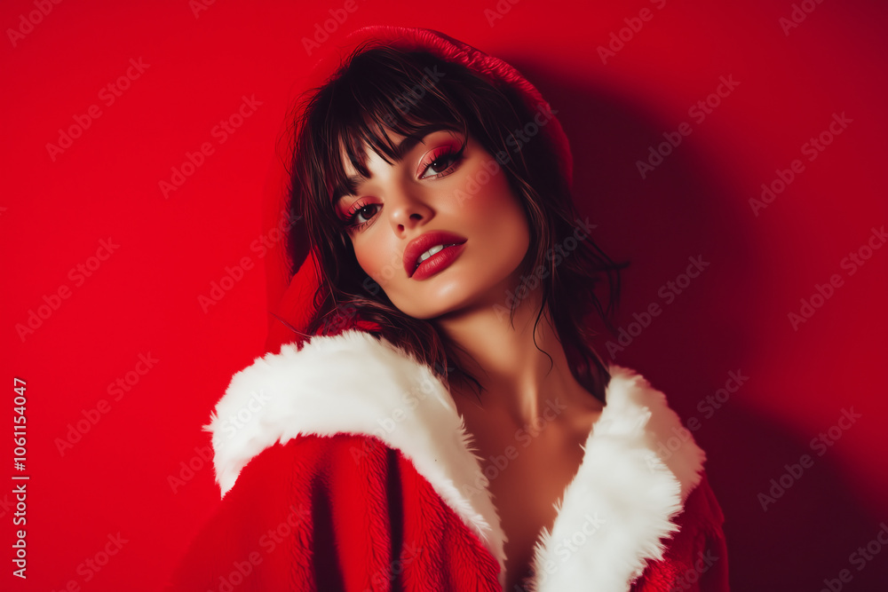 An attractive sexy woman dressed in a santa outfit against a red background An attractive sexy woman dressed in a santa outfit against a red background