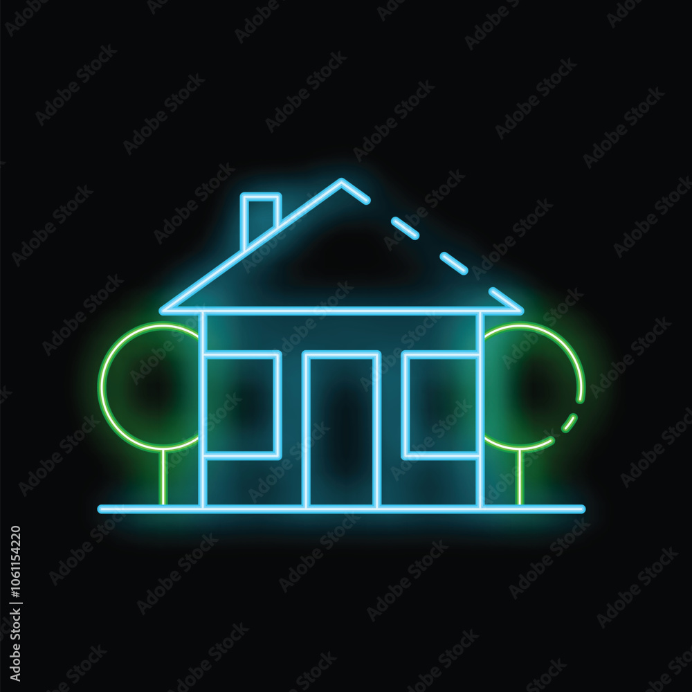 Neon sign is glowing in the night, depicting a house with trees, perfect for themes such as real estate or construction Neon sign is glowing in the night, depicting a house with trees, perfect for themes such as real estate or construction