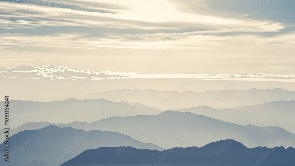 Fototapeta premium Generative AI, Minimalist Aerial View of Serene Mountain Ranges with Soft Cloud Layers