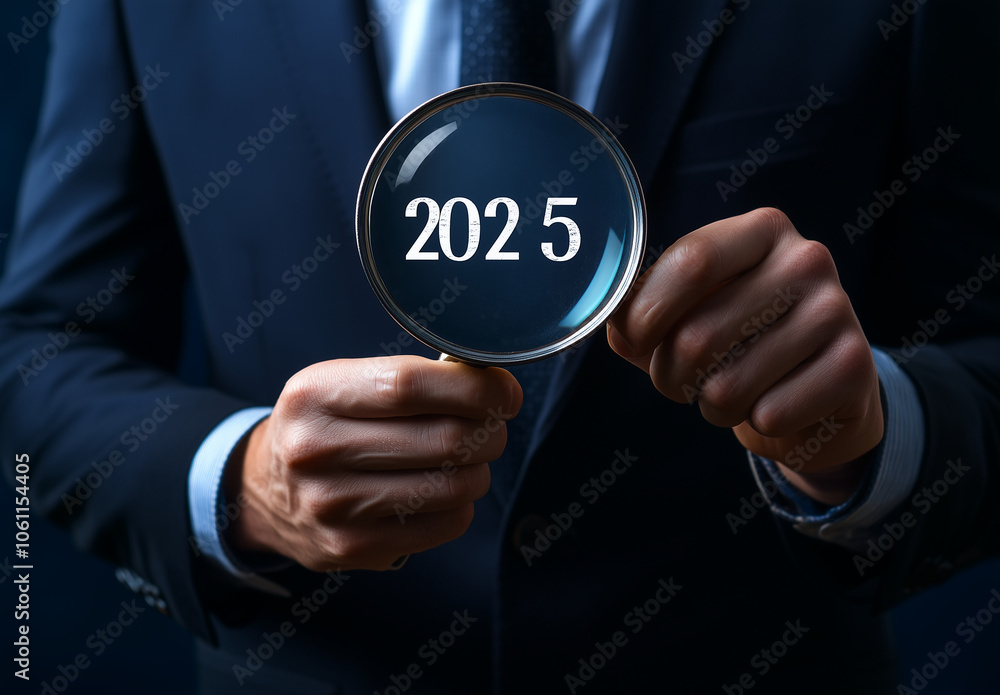 A businessman holds a magnifying glass over the year 2025 A businessman holds a magnifying glass over the year 2025