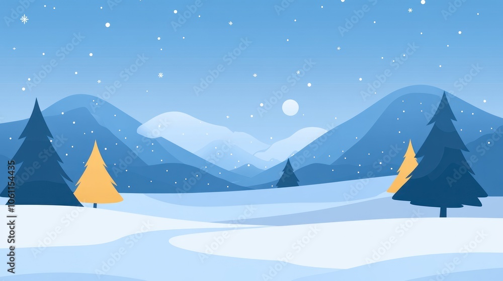 Snowy Mountain Landscape with Two Pines and a Full Moon Snowy Mountain Landscape with Two Pines and a Full Moon