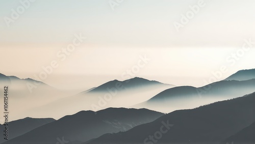 Generative AI, Minimalist Aerial View of Serene Mountain Ranges with Soft Cloud Layers