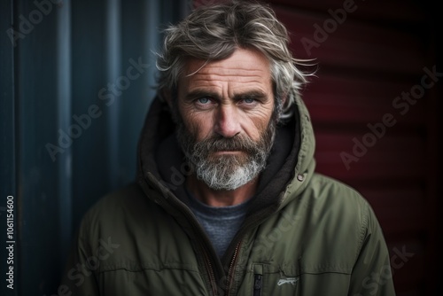 Portrait of a handsome senior man with long gray hair and beard wearing a green jacket.