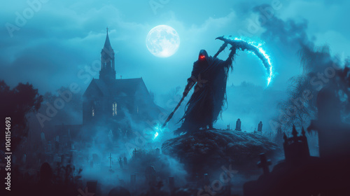 Grim reaper with scythe in graveyard. Halloween theme poster. photo