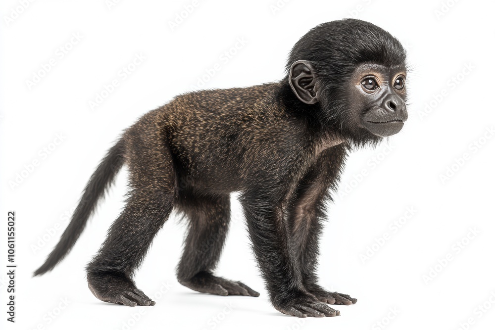 the beside view baby Howler Monkey primate standing, left side view, low angle, white copy space on right, Isolated on White Background the beside view baby Howler Monkey primate standing, left side view, low angle, white copy space on right, Isolated on White Background