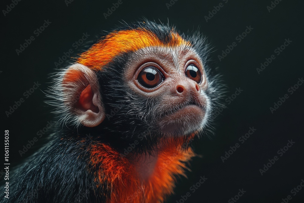 Fototapeta premium Mystic portrait of baby Tamarin primate in studio, copy space on right side, Headshot, Close-up View, isolated on black background