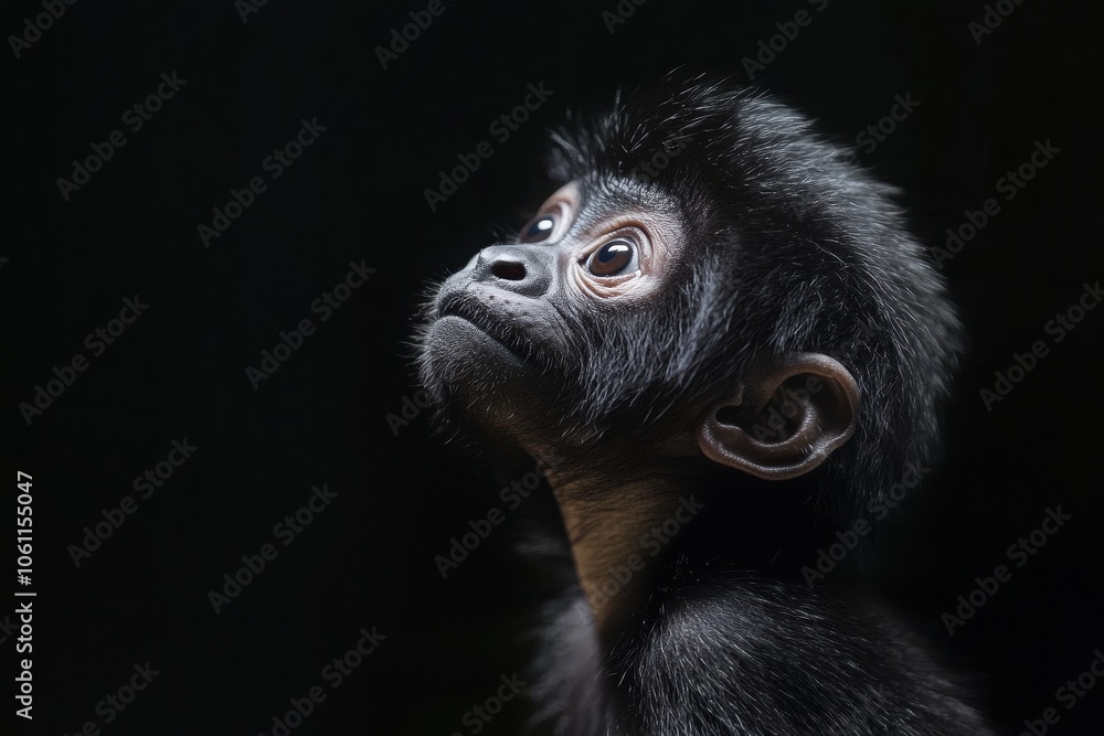 Fototapeta premium the beside view baby Howler Monkey primate standing, left side view, low angle, white copy space on right, Isolated on black Background
