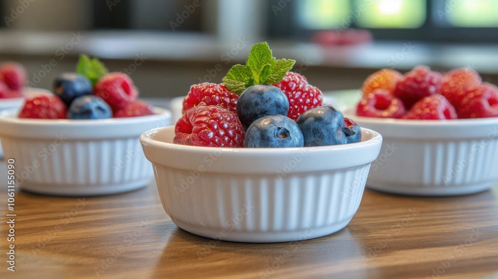 Fresh Raspberries and Blueberries in White Bowls A Close-Up Look at Nature's Nutrition and Wellness Boosters Fresh Raspberries and Blueberries in White Bowls A Close-Up Look at Nature's Nutrition and Wellness Boosters