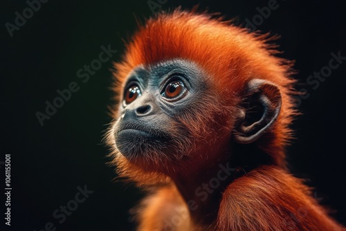 Mystic portrait of baby Howler Monkey primate in studio, copy space on right side, Headshot, Close-up View, isolated on black background