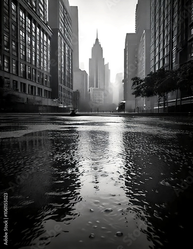 A cityscape with the silhouette of a building reflected on the water surface on a rainy day, captured in a black and white photograph