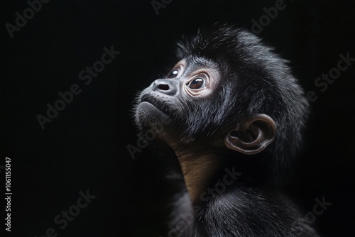 the beside view baby Howler Monkey primate standing, left side view, low angle, white copy space on right, Isolated on black Background photo