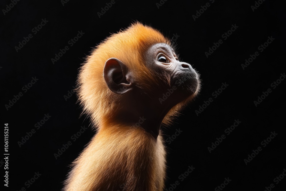 Fototapeta premium the beside view baby Howler Monkey primate standing, left side view, low angle, white copy space on right, Isolated on black Background