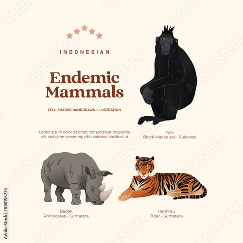 Isolated Indonesian endemic mammals illustration cell shaded style