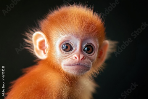 Mystic portrait of baby Kapusin primate in studio, copy space on right side, Headshot, Close-up View, isolated on black background