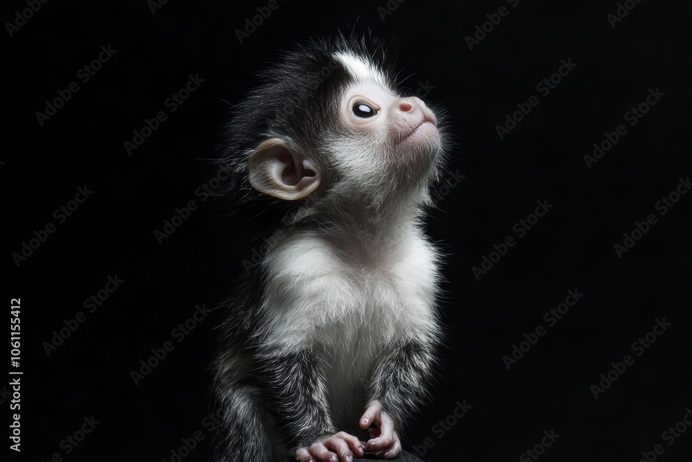 Naklejka premium the beside view baby Tamarin primate standing, left side view, low angle, white copy space on right, Isolated on black Background