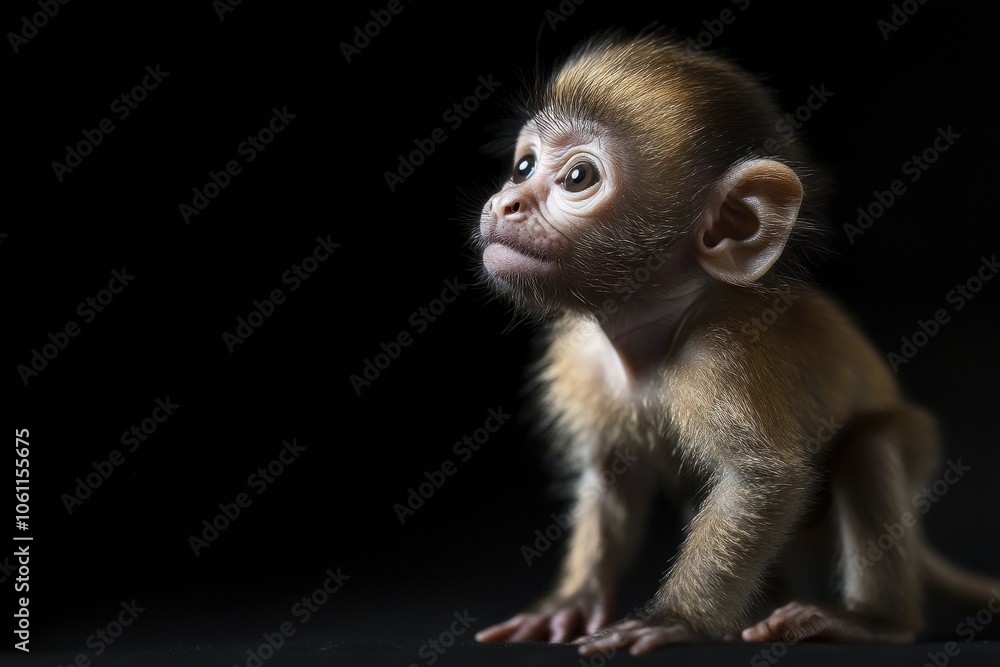 Fototapeta premium the beside view baby New World Monkeys primate standing, left side view, low angle, white copy space on right, Isolated on black Background