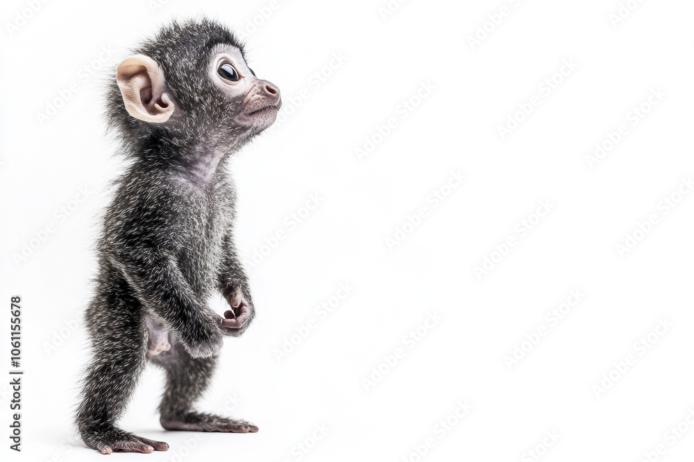 the beside view baby Galago primate standing, left side view, low angle, white copy space on right, Isolated on White Background the beside view baby Galago primate standing, left side view, low angle, white copy space on right, Isolated on White Background