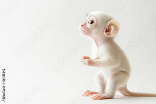 the beside view baby Tarsius primate standing, left side view, low angle, white copy space on right, Isolated on White Background photo