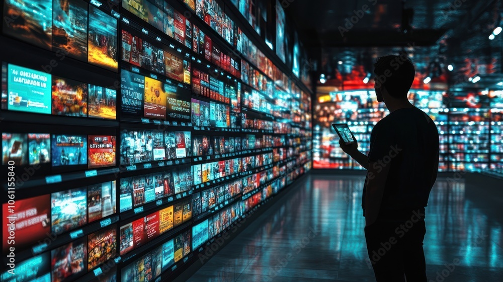 Man Browsing Digital Wall Man Browsing Digital Wall