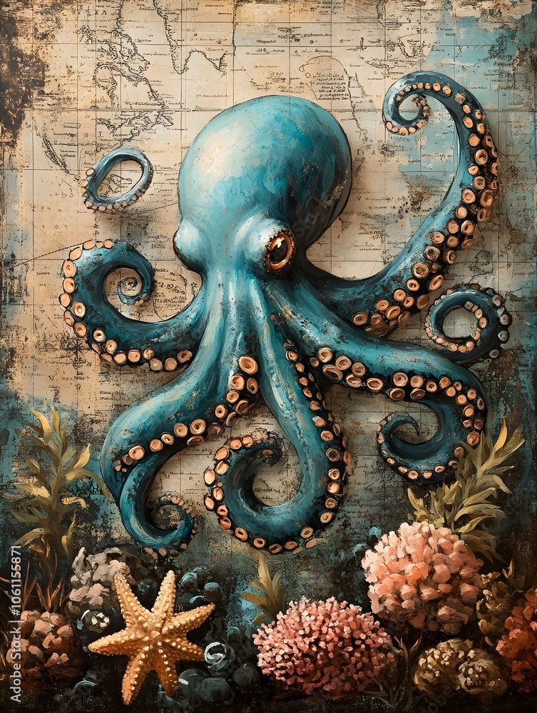 Fototapeta premium A teal octopus glides through corals and starfish set against an antique map background showcasing blue and turquoise tones on textured paper