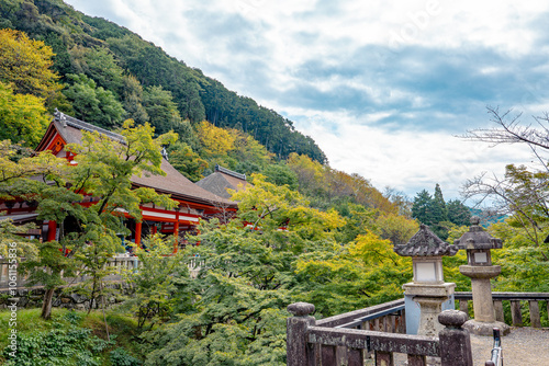 View of an old temple with Japanese trees.