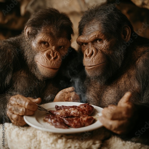 Two humanoid apes look intently at a plate of meat. photo