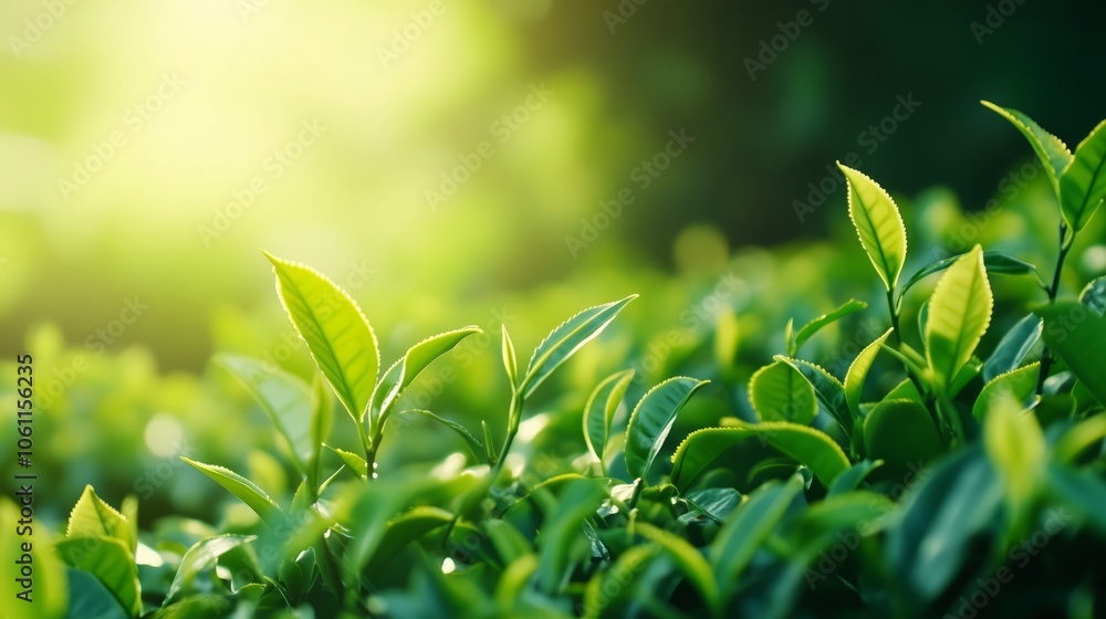 The bright sun is shining beautifully through the lush leaves of a tea plant