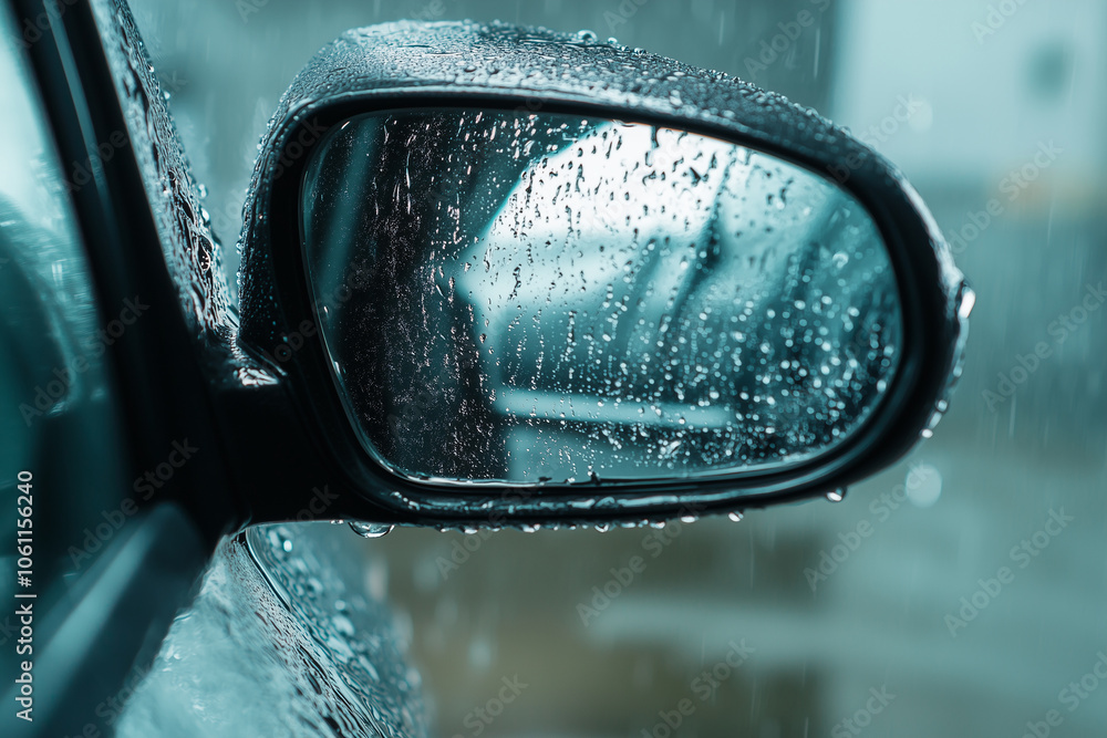 A car's side mirror is covered in raindrops during a rainy day A car's side mirror is covered in raindrops during a rainy day