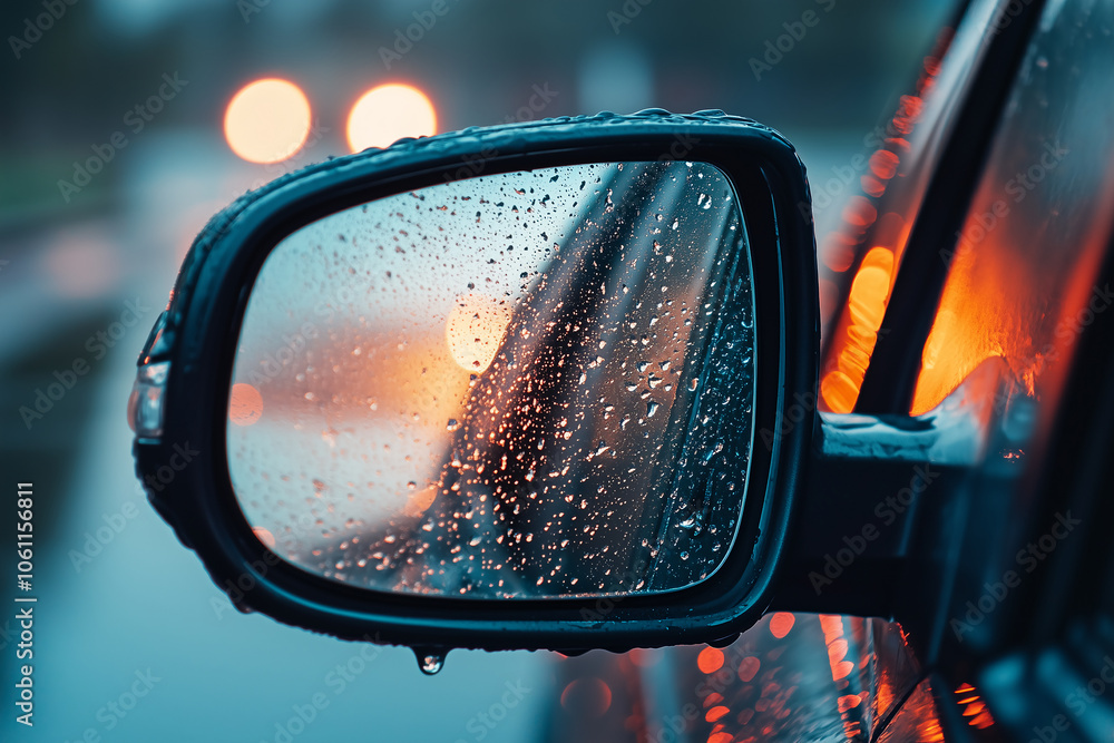 A car's side mirror is covered in raindrops, reflecting blurry city lights at dusk A car's side mirror is covered in raindrops, reflecting blurry city lights at dusk