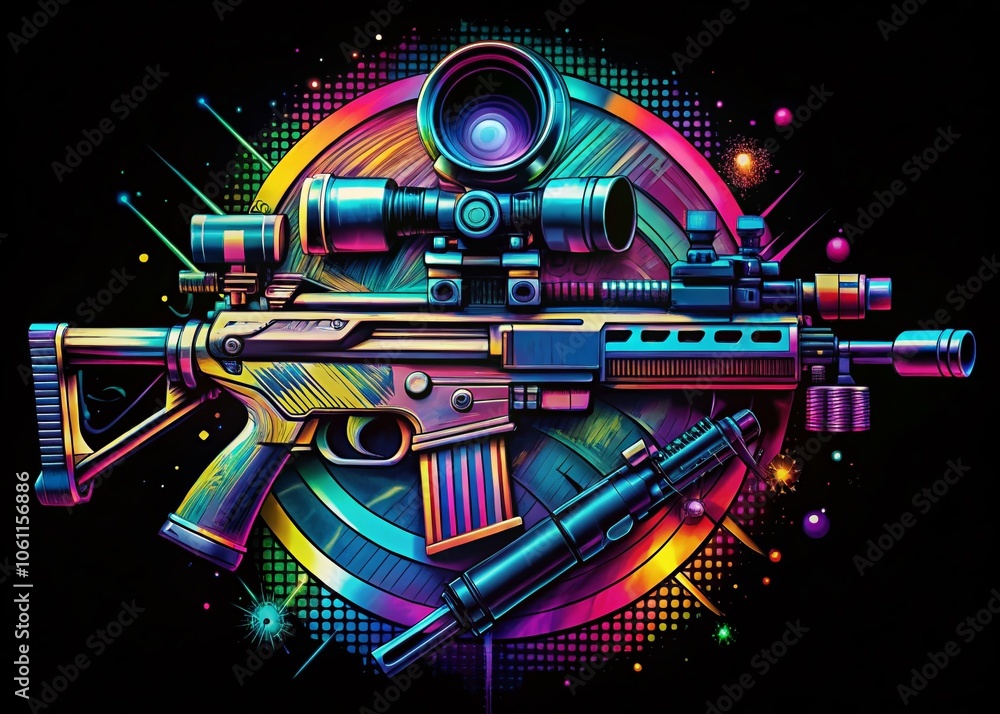 Abstract Techno Poster with Gun and Scopes for Streetwear Apparel, Noise Texture Design for T-Shirts and Sweatshirts, Urban Fashion, Black Background Aesthetic Abstract Techno Poster with Gun and Scopes for Streetwear Apparel, Noise Texture Design for T-Shirts and Sweatshirts, Urban Fashion, Black Background Aesthetic