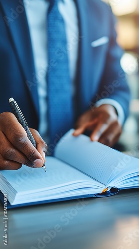 Businessman writing in open notebook