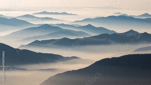 Generative AI, Minimalist Aerial View of Serene Mountain Ranges with Soft Cloud Layers