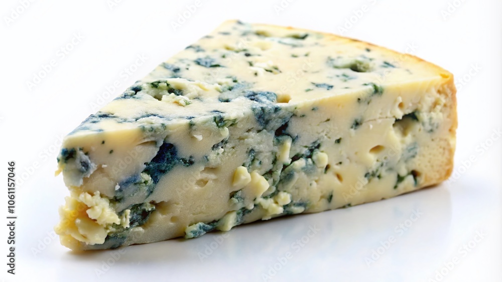 A detailed view of creamy blue cheese wedge against a white backdrop, showcasing its rich texture and tangy flavor that tantalizes the taste buds. A detailed view of creamy blue cheese wedge against a white backdrop, showcasing its rich texture and tangy flavor that tantalizes the taste buds.
