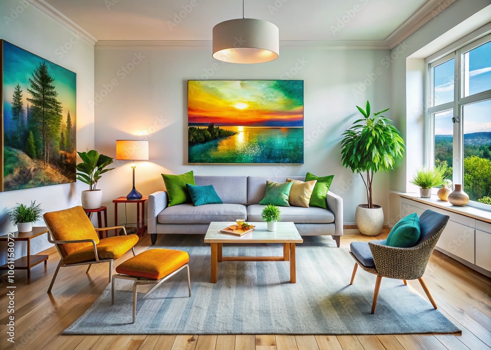 Fototapeta premium Aerial View of a Minimal Scandinavian Living Room with Bold Painting for Cozy Atmosphere