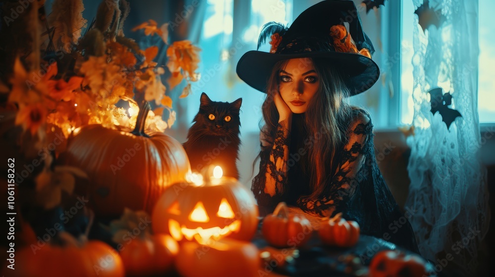 Beautiful witch with pumpkin. Halloween theme. Beautiful witch with pumpkin. Halloween theme.