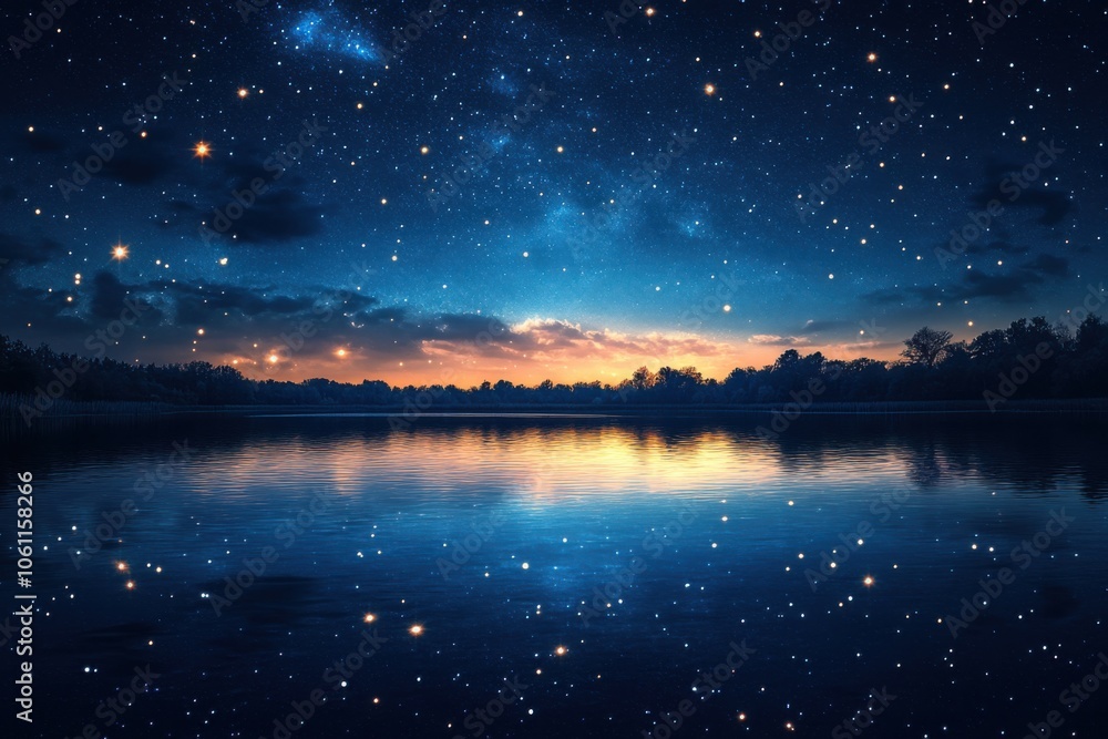 Starry night sky over a lake with a few stars Starry night sky over a lake with a few stars