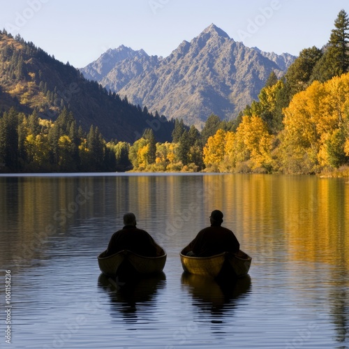 Two people in a rowboat on a lake, with mountains in the background and fall foliage on the shore.