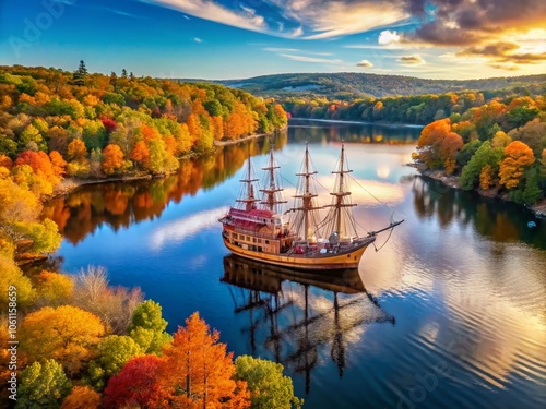 Aerial View of Mayflower Replica Sailing on Calm Waters During Thanksgiving Day Celebration, Capturing the Essence of Pilgrims' Journey in Autumn Colors with Scenic Landscapes photo